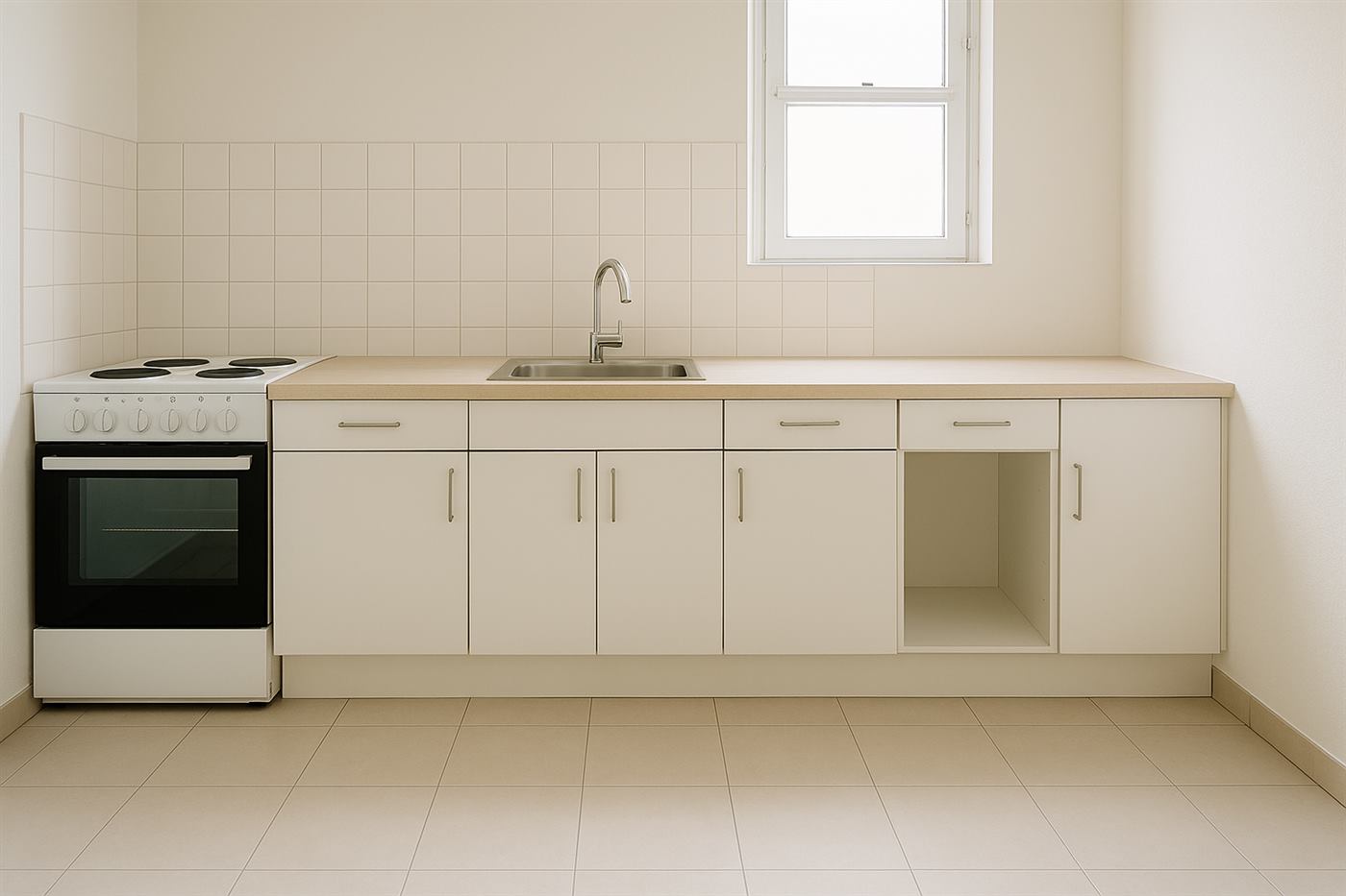 La même cuisine après assainissement complet, surfaces nettoyées et désinfectées